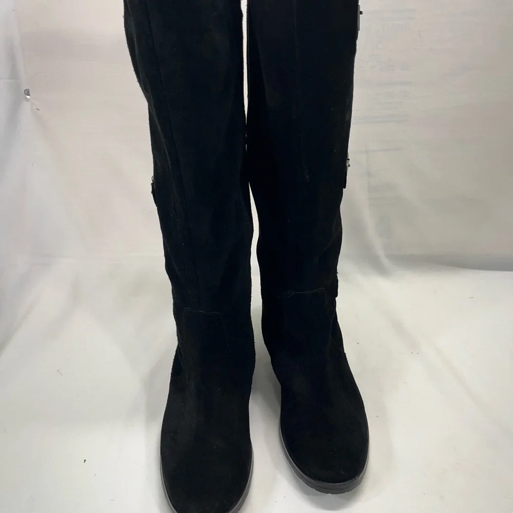 ALFANI VERMONT SUEDE LEATHER SHEARLING TRIPLE BUCKLE RIDING‎ BOOT WOMEN 7 BLACK